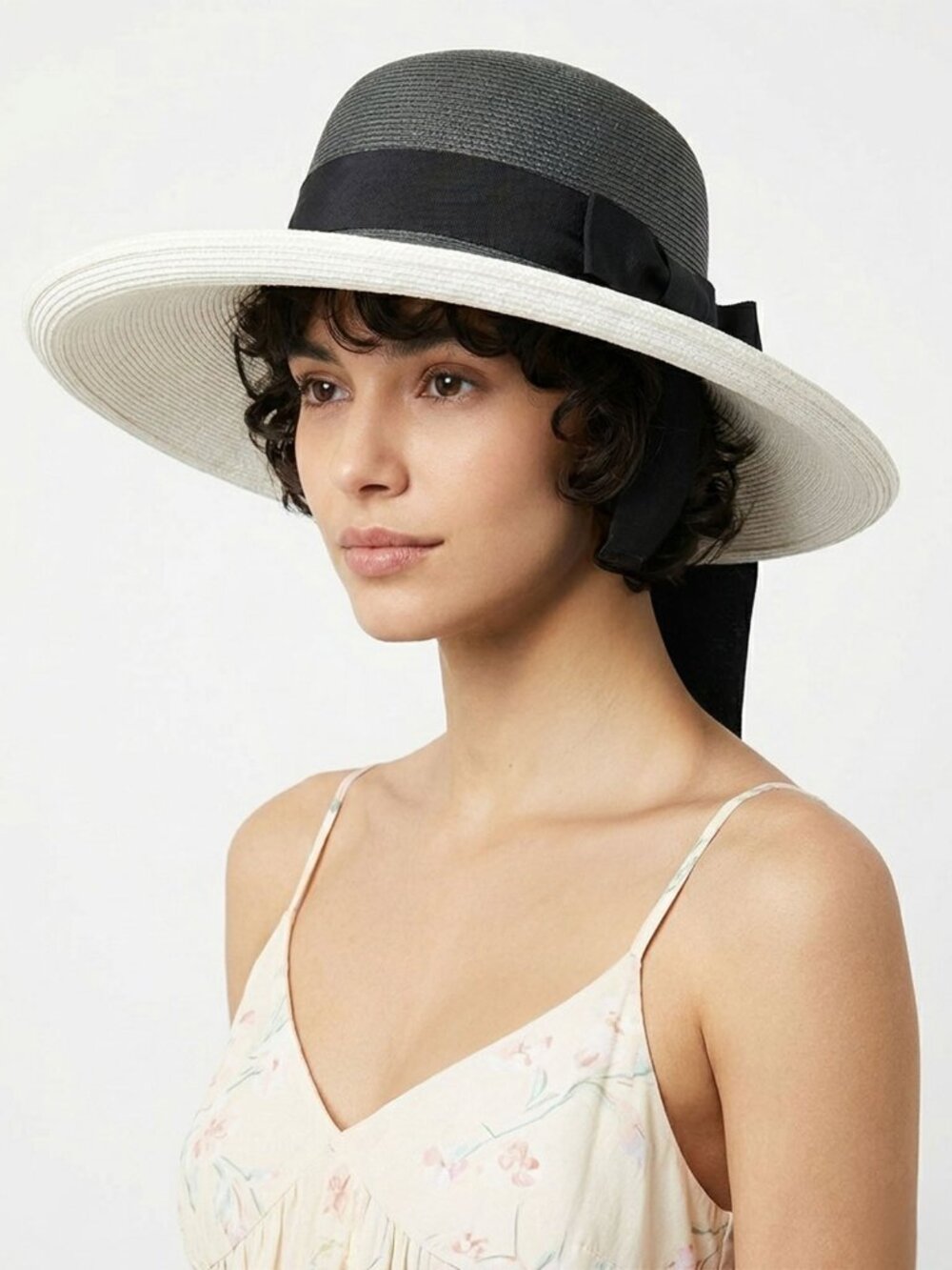 Vintage Filene's Wide Brim Straw Sun Hat Black White Grosgrain Ribbon Union Made